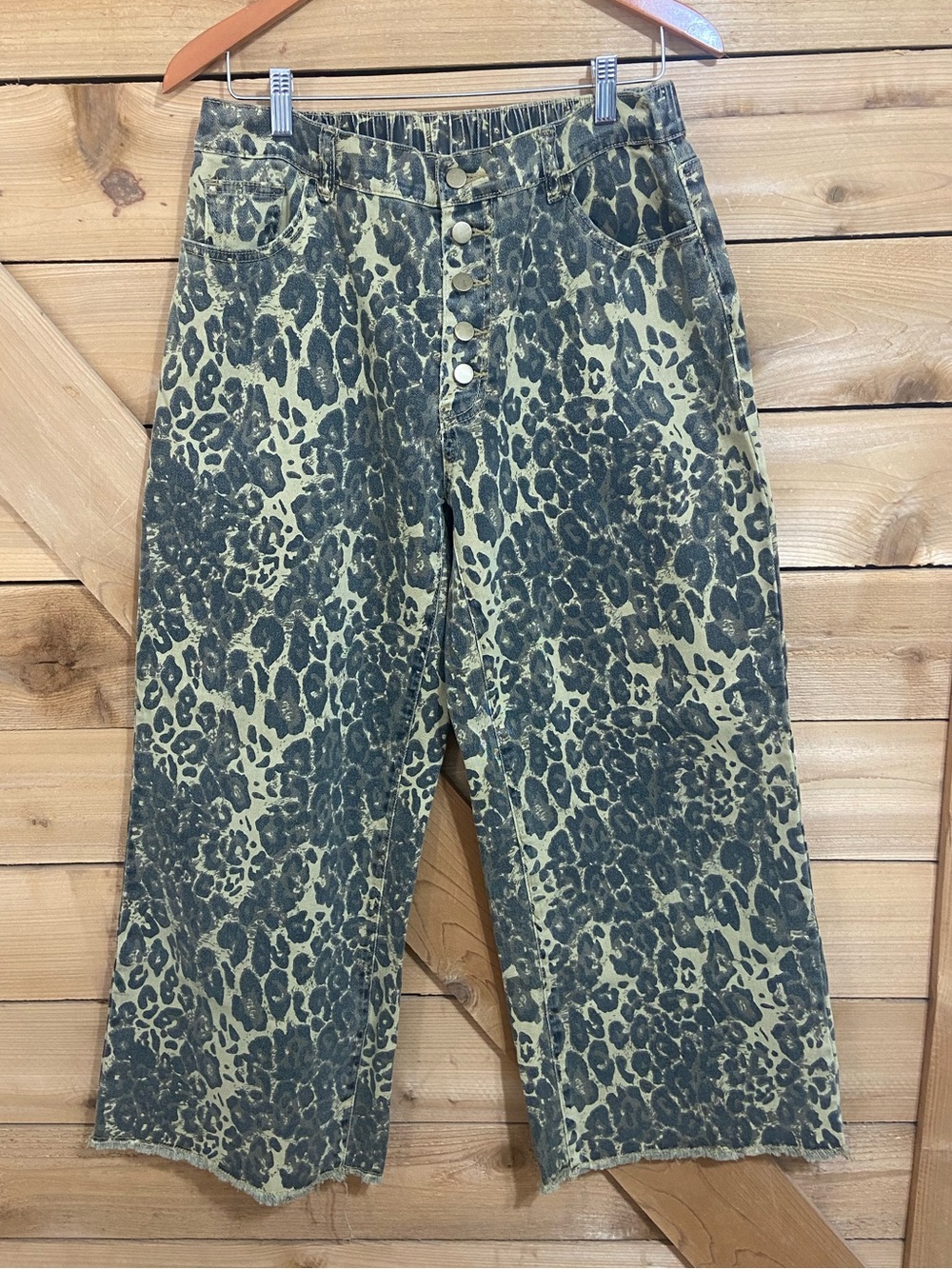 Blue Velvet Leopard Print Button-Fly Wide Leg Jeans